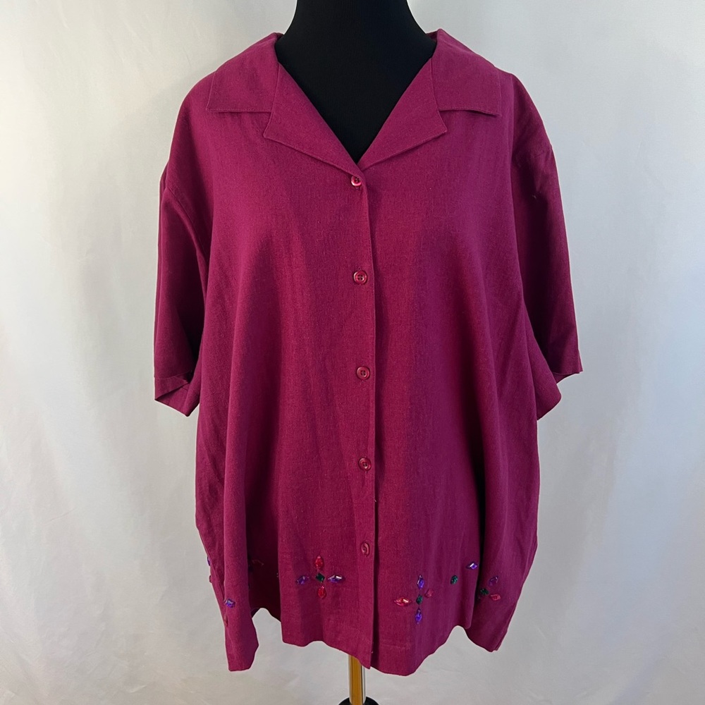 Kim Rogers Top Beaded Jeweled Button Down Shirt Blouse Plus Size 2X Linen Collar